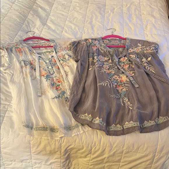 Johnny Was Tops - Johnny Was White and Gray Embroidered Boho Blouse (Pair)